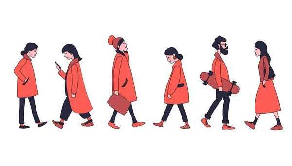 Een Set Van Wandelen Mensen Bovenkleding Mannen Vrouwen Lopen Kijken — Stockvector