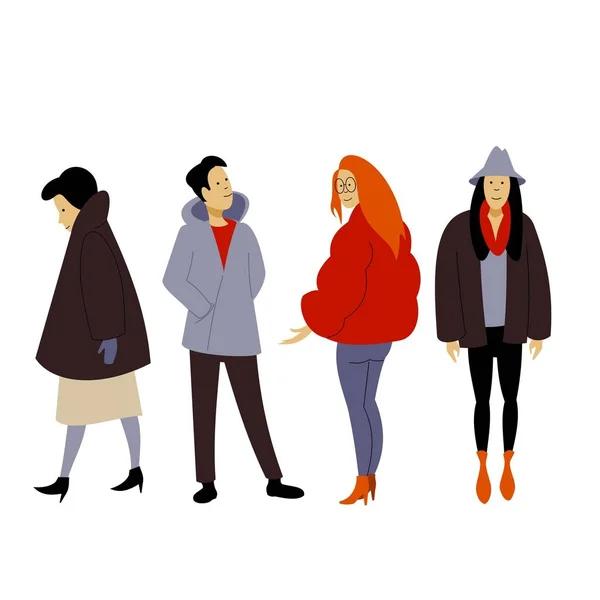 Personas Vestidas Con Ropa Invierno Ropa Abrigo Caminatas Pie Diferentes — Archivo Imágenes Vectoriales