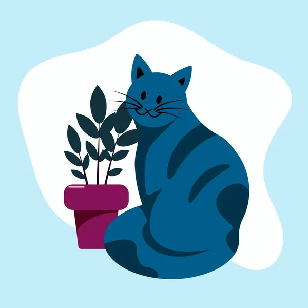 Domestic Cat Sitting Background Domestic Plant Flat Vector Illustration — Stock Vector