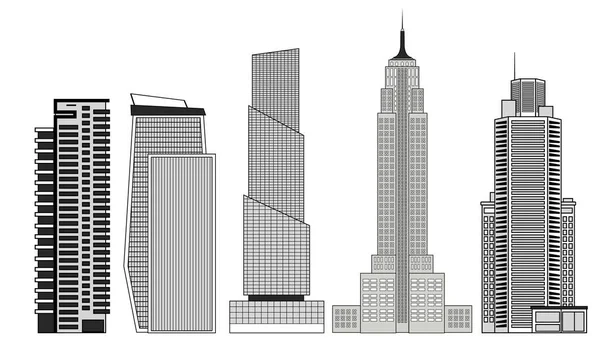 Conjunto Rascacielos Blanco Negro Aislados Sobre Fondo Blanco — Vector de stock