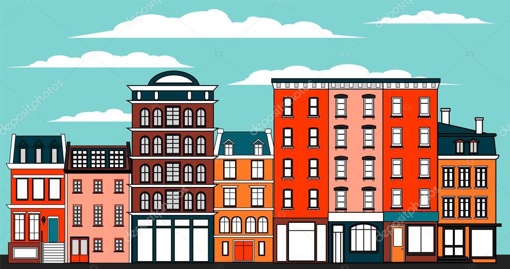 Many old multi-storey buildings. Residential buildings on a city street. Facades of houses. Vector illustration