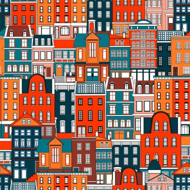 Eski evlerin resimlerindeki kusursuz arka plan. Düz vektör illüstrasyonu.