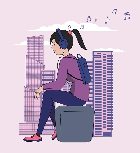 ヘッドフォンを持った女の子が大きな都市を背景にベンチに座って音楽を聴く ベクターイラスト — ストックベクタ