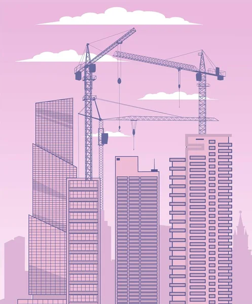Construyendo Una Gran Ciudad Construcción Grúas Rascacielos Fondo Del Cielo — Vector de stock