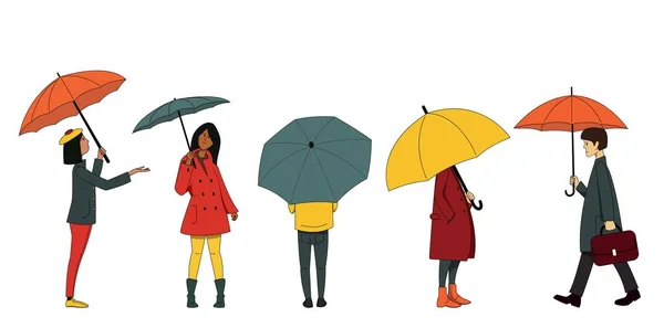 Набір Людей Чоловіків Жінок Осінньому Одязі Парасольками Осіння Дощова Погода — стоковий вектор