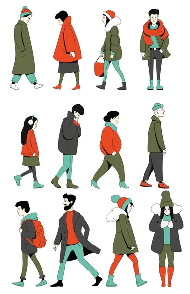 Conjunto Diferentes Personas Hombres Mujeres Caminando Ropa Invierno Ilustración Vectorial — Archivo Imágenes Vectoriales