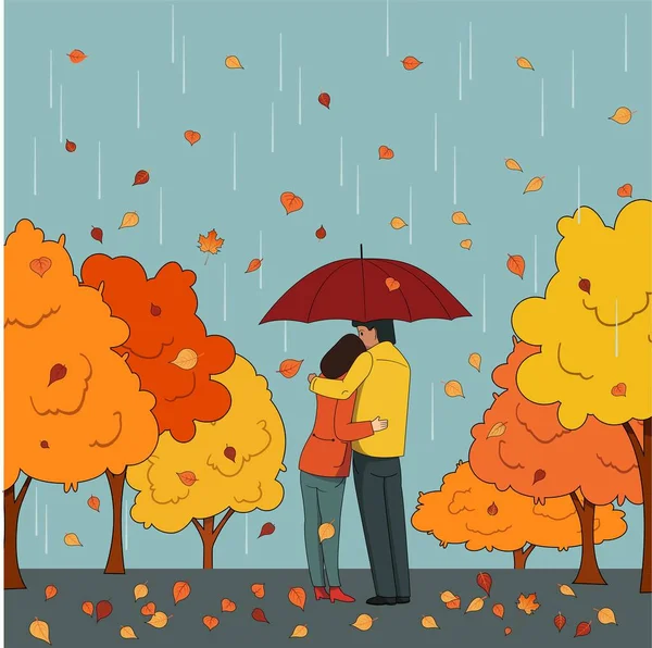 People Man Woman Autumn Clothes Hugging Umbrella Background Autumn Trees — Stock Vector