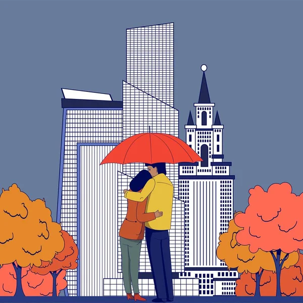Couple Love Stands Hugging Umbrella Background City Autumn Illustration — Stock Vector