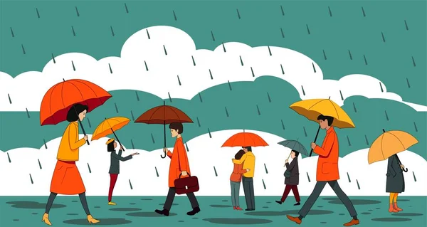 People Umbrellas Walking Rain Background Clouds Autumn Illustration — Stock Vector