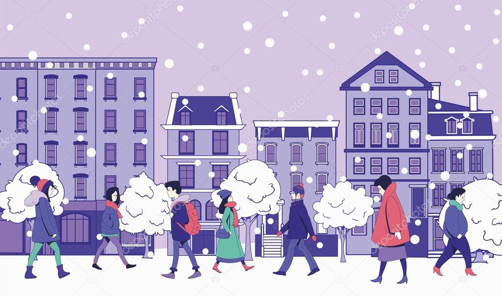 People in winter clothes are walking along the city street. Falling snow. Winter vector illustration.