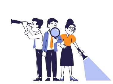 Yeni fikirler ve fırsatlar keşfeden bir iş ekibinin tasviri. Arama, araştırma ve problem çözme metaforları olarak üç kişiye teleskop, büyüteç ve el feneri gösteriliyor. Takım çalışması kavramı, iş stratejisi.