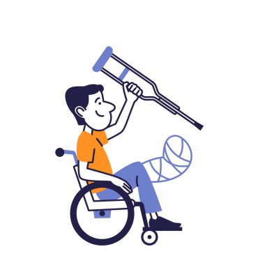 Tekerlekli sandalyedeki kırık bacaklı gülümseyen adam koltuk değneklerini tutuyor, rehabilitasyon ve iyileşme konsepti, düz çizim.