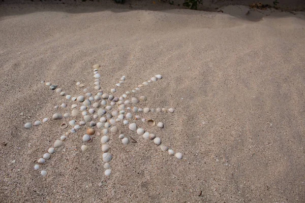 Die Figur Der Sonne Ist Mit Muscheln Auf Dem Sand — Stockfoto