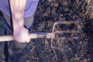 Bir adamın elinde bir yaba. Yakın plan. Doğal bir arka planda. Mesajlaşmak için bir yer var. Boşluğu kopyala.