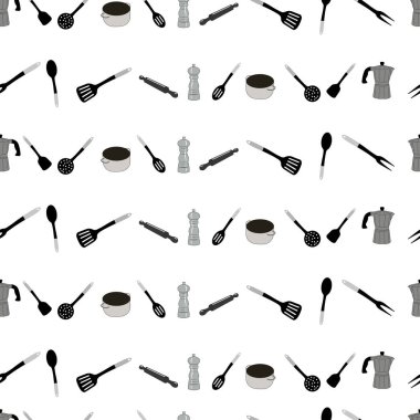 Kusursuz vektör deseni. Mutfak eşyaları beyaz arka planda izole edilmiş. Vektör grafikleri.