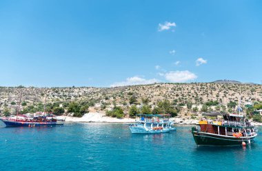 Yunanistan 'da güzel bir körfez manzarası ve geleneksel tekneleri var. Turistik tekne turu