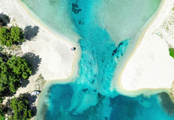 Foto Aérea Playa Blanca Laguna Mar Azul Península Halkidiki Grecia — Foto de Stock