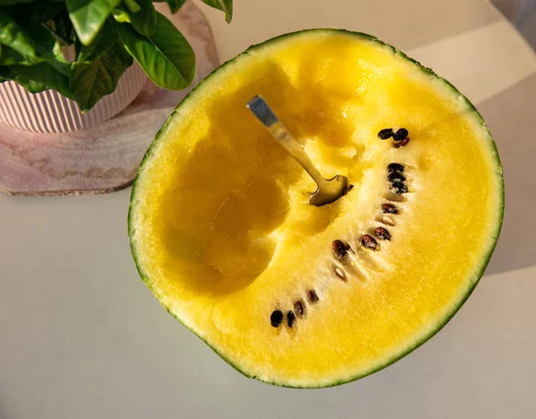 Half Eaten Yellow Watermelon Dessert Spoon Table — Stock Photo, Image