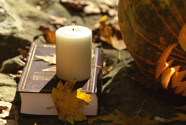 Świeca Książki Rzeźbiona Dynia Jesiennych Liściach Tle Natury Czytanie Książek — Zdjęcie stockowe
