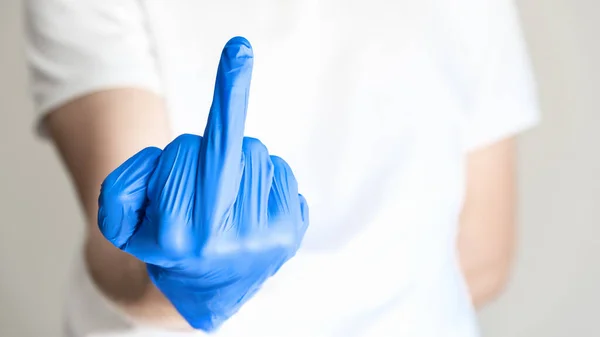 Hand Protective Glove Showing Offensive Gesture Fuck You Concept Copy — Stock Fotó