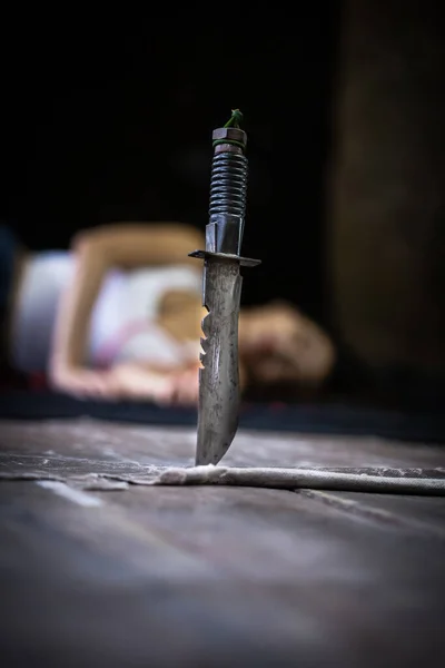 Woman Frightened Knife Pinned Ground Crimes Use Bullying Idea Stopping — Stock Photo, Image