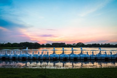 Günbatımı ışık periyodu altında halka açık bir parkta su üzerinde dönen beyaz kuğu pedal botları, Alacakaranlık