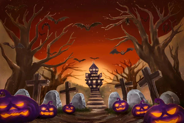 Fondo Noche Halloween Con Calabaza Casa Embrujada Luna Llena Ilustración — Foto de Stock
