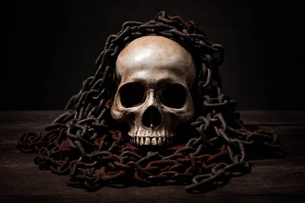 恐ろしい犯罪現場の恐怖やスリラー映画の概念 ハロウィーンのテーマ 視覚芸術の長い時間のために死んだ人間の頭蓋骨の静物画 — ストック写真