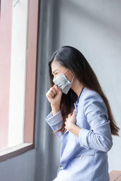 Women Who Have Cough Sick Flu Infection Covid Coronavirus Therefore — Stock Photo, Image