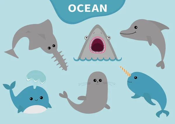 Morze Ocean Zwierzęta Fauna Ikona Zestawu Płetwal Błękitny Sawshark Delfin — Wektor stockowy
