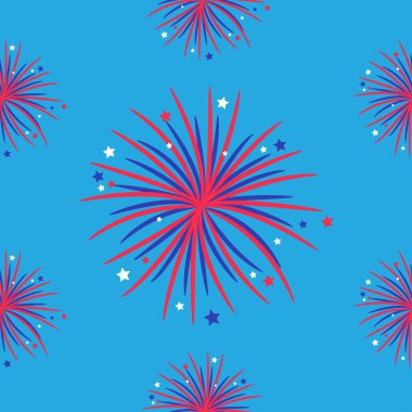 Seamless modeli. Fireworks gece gökyüzü mutlu bağımsızlık günü Amerika Birleşik Devletleri. 4 Temmuz. Yıldızlı ve düz tasarım şerit. Mavi arka plan. Vektör çizim.