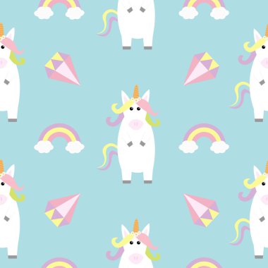 Gökkuşağı saçlı mavi zemin üzerine beyaz çizgi film tek boynuzlu at ile Seamless modeli