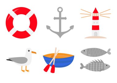 Kırmızı lifebuoy yüzük, gemi çapa, deniz feneri, tekne, Albatros kuş, balık Icon set