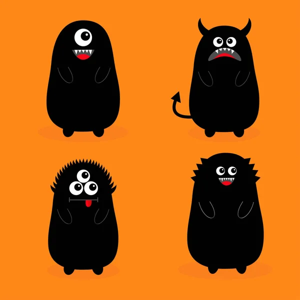Conjunto Monstruos Negros Iconos Sobre Fondo Naranja — Vector de stock