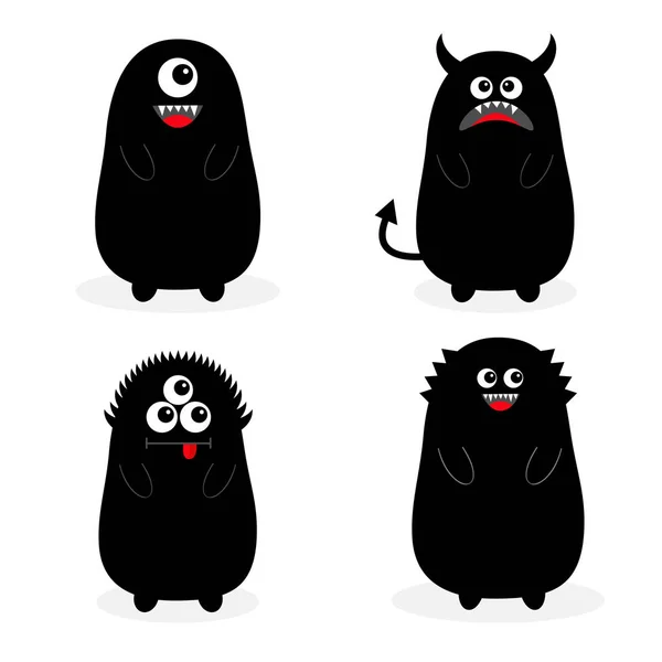 Conjunto Monstruos Negros Iconos Sobre Fondo Blanco — Vector de stock