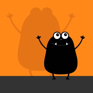 Canavar siyah siluet yukarıya bakıyor. Duvar gölge gölge. İki göz, diş fang, ürkütücü eller yukarı. Komik Cute Karikatür Bebek karakter. Cadılar Bayramınız Kutlu Olsun. Düz tasarım. Turuncu arka plan. Vektör çizim