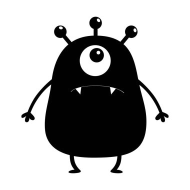 Siyah canavar siluet. Sevimli çizgi korkunç komik karakter. Bebek koleksiyonu. Bir büyük göz, diş diş, eller. Beyaz arka plan. İzole. Mutlu Cadılar Bayramı kartı. Düz tasarım. Vektör çizim