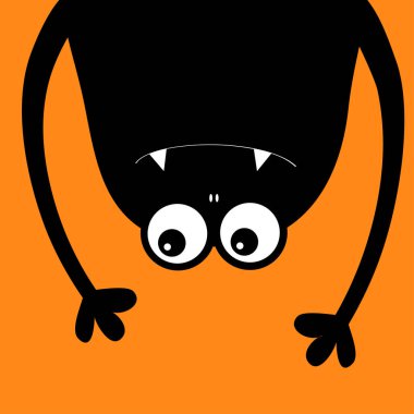 Canavar baş siluet. İki göz, diş fang, eller. Baş aşağı asılı. Siyah komik sevimli çizgi film karakteri. Mutlu Cadılar Bayramı kartı. Bebek koleksiyonu. Düz tasarım. Turuncu arka plan. İzole. Vektör