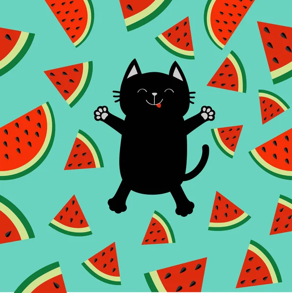 Schwarze Katze Springt Oder Macht Schnee Engel Wassermelonenscheiben Symbol Mit — Stockvektor
