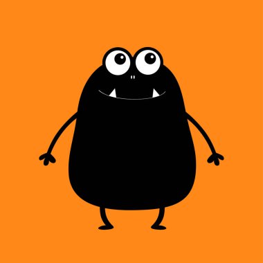 Siyah canavar siluet. Sevimli çizgi korkunç komik karakter. Bebek koleksiyonu. İki göz, diş diş, eller. İzole. Turuncu arka plan. Mutlu Cadılar Bayramı kartı. Düz tasarım. Vektör çizim