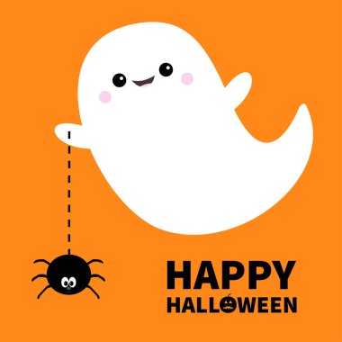 Cadılar Bayramınız Kutlu Olsun. Hayalet ruhu holding örümcek Dash çizgi web Boo uçan. Korkutucu beyaz hayaletler. Sevimli çizgi film ürkütücü karakteri. Gülen yüz, eller. Turuncu arka plana tebrik kartı. Düz tasarım. Vektör