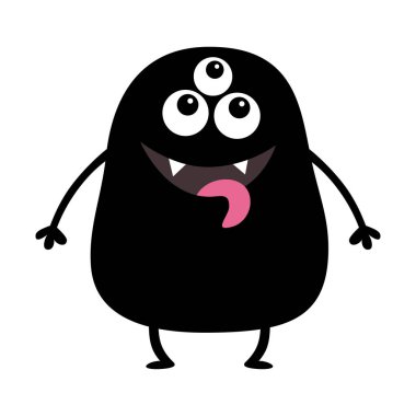 Siyah canavar siluet. Sevimli çizgi korkunç komik karakter. Bebek koleksiyonu. Üç gözlü, fang diş büyük dil, eller. Beyaz arka plan. İzole. Mutlu Cadılar Bayramı kartı. Düz tasarım. Vektör