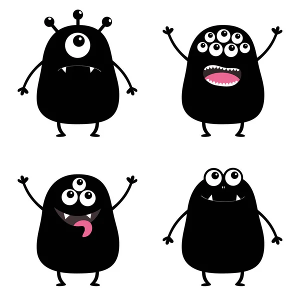 Schwarzes Monster Silhouette Set Niedlichen Zeichentrick Gruselfigur Babykollektion Augen Zunge — Stockvektor