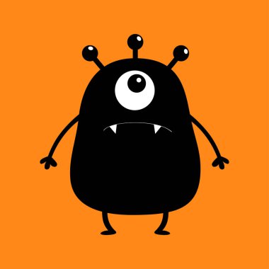 Siyah canavar siluet. Sevimli çizgi korkunç komik karakter. Bebek koleksiyonu. Bir büyük göz, diş diş, eller. Mutlu Cadılar Bayramı kartı. Turuncu arka plan. İzole. Düz tasarım. Vektör çizim