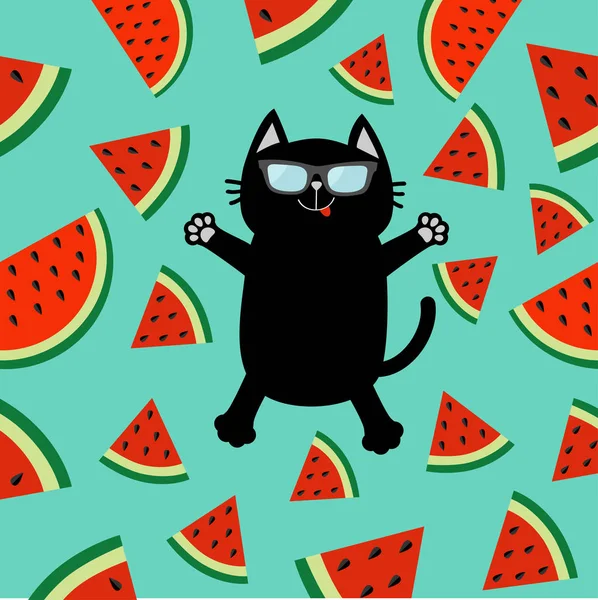Schwarze Katze Mit Sonnenbrille Springt Oder Macht Schnee Engel Wassermelonenscheiben — Stockvektor