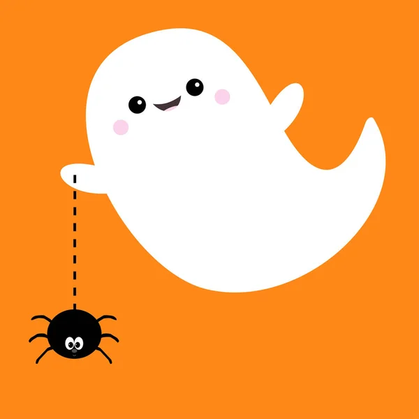 Espíritu Fantasma Volador Sosteniendo Telaraña Línea Dash Boo Feliz Halloween — Archivo Imágenes Vectoriales