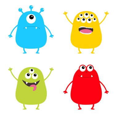 Canavar küme. Sevimli çizgi renkli korkutucu karakterler. Gözler, dil, eller yukarı. Komik bebek koleksiyonu. Beyaz arka plan göl kenarında. Mutlu Cadılar Bayramı kartı. Düz tasarım. Vektör çizim