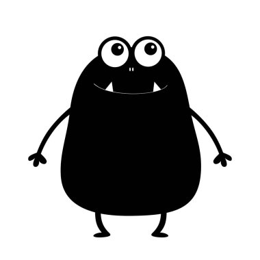 Siyah canavar siluet. Sevimli çizgi korkunç komik karakter. Bebek koleksiyonu. İki göz, diş diş, eller. Beyaz arka plan. İzole. Mutlu Cadılar Bayramı kartı. Düz tasarım. Vektör çizim