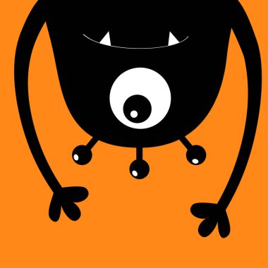 Canavar baş siluet. Bir göz, diş fang, eller. Baş aşağı asılı. Siyah komik sevimli çizgi film karakteri. Bebek koleksiyonu. Mutlu Cadılar Bayramı kartı. Düz tasarım. Turuncu arka plan. İzole. Vektör