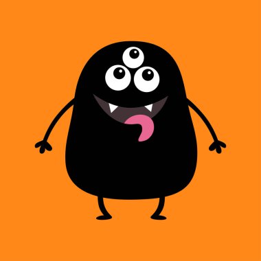 Siyah canavar siluet. Sevimli çizgi korkunç komik karakter. Bebek koleksiyonu. Üç gözlü, fang diş büyük dil, eller. Turuncu arka plan. İzole. Mutlu Cadılar Bayramı kartı. Düz tasarım. Vektör